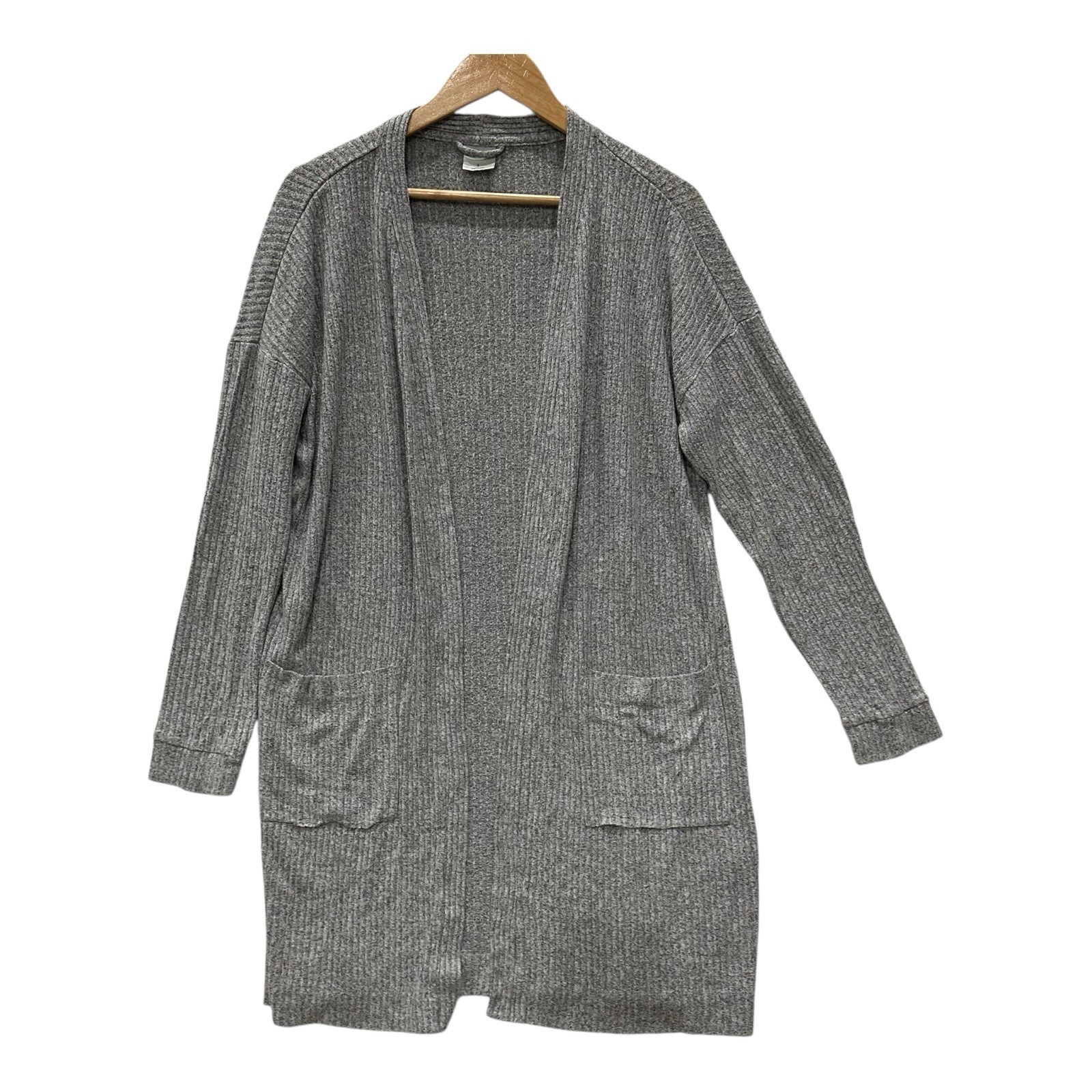Soma Cardigan Womens L Gray Open Front Ribbed Knit Pocket Capsule Wardrobe